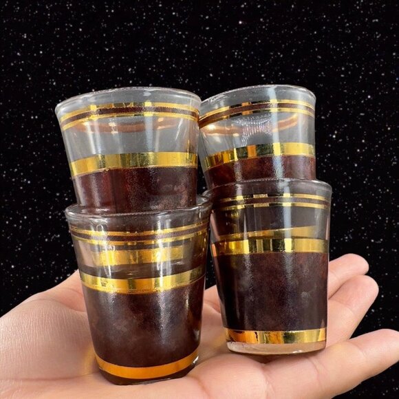 MCM Culver Tortoise Rocks Glasses 22K Gold Trim Brown Marble Shot Glasses 4 Set - Picture 1 of 11